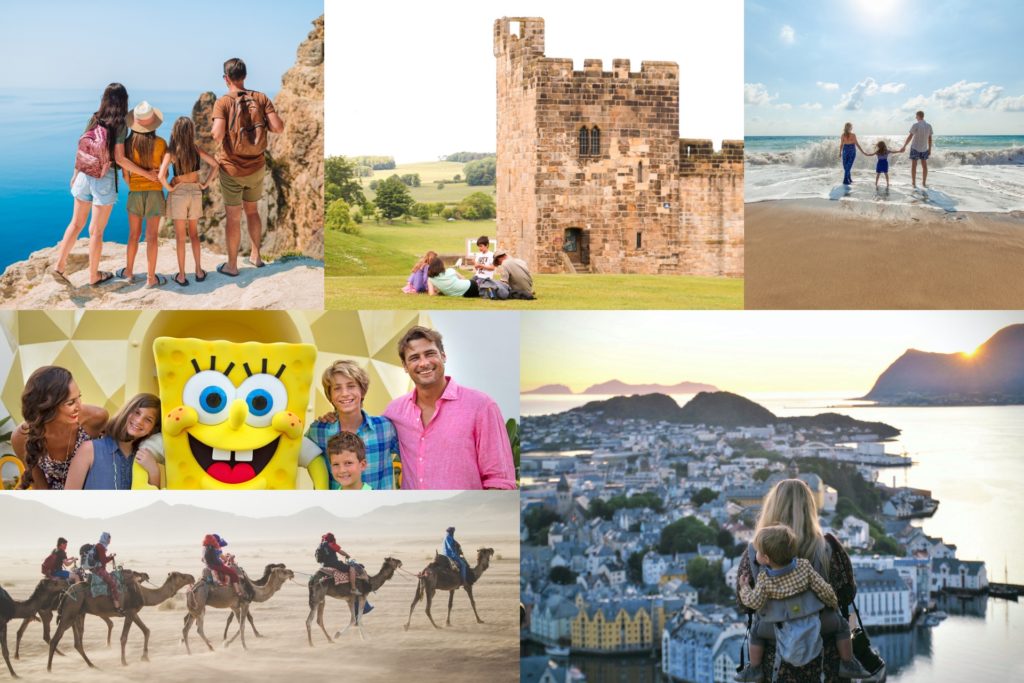Collage of Family Hiking, family at a castle, family on a beach, family with spongebob, mom and child hiking, family on camels
