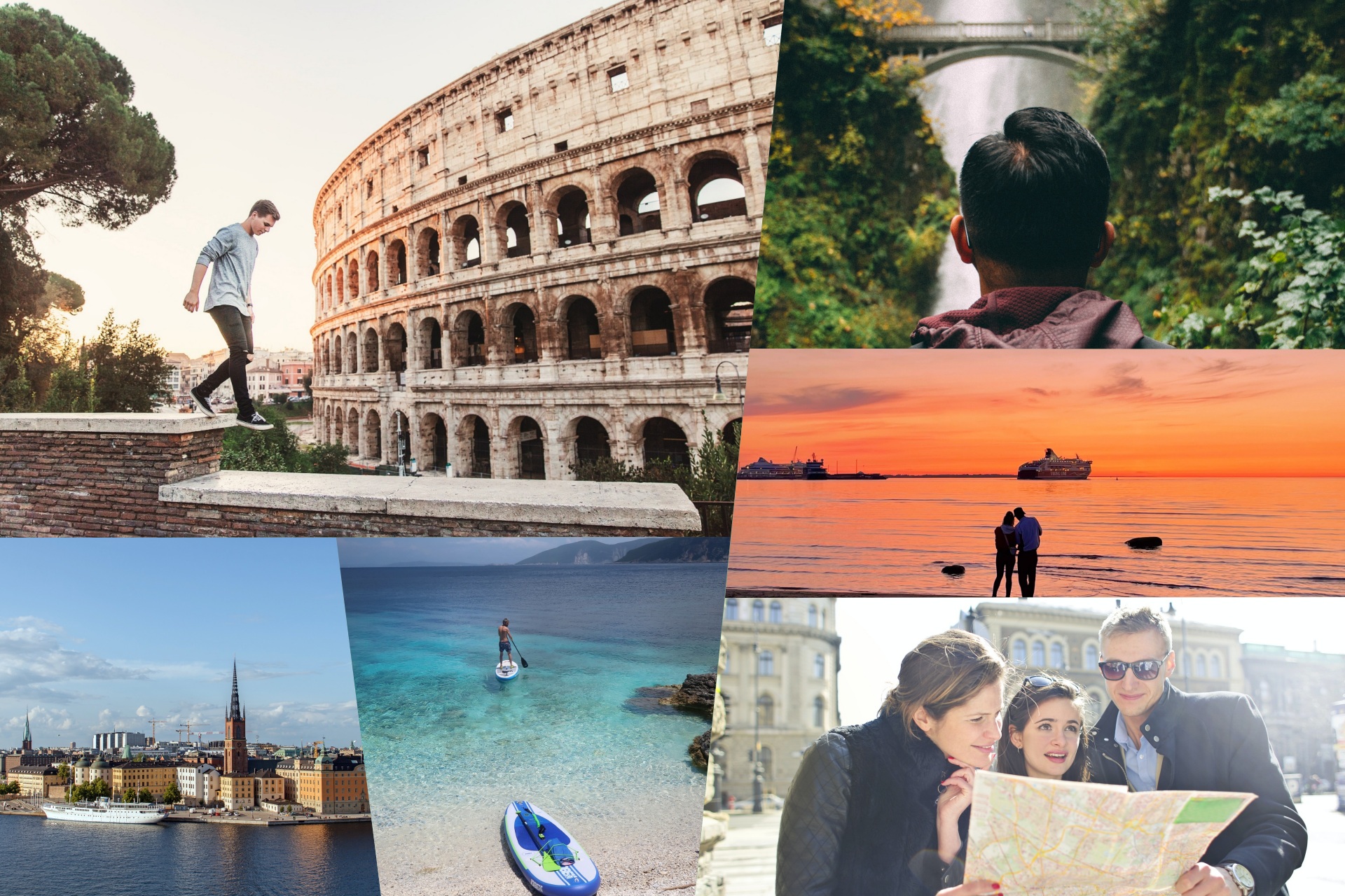 Collage of man walking by Colosseum in Rome, Man hiking looking at a waterfall, couple on a beach, friends looking at a map, man on a paddleboard, Stockholm