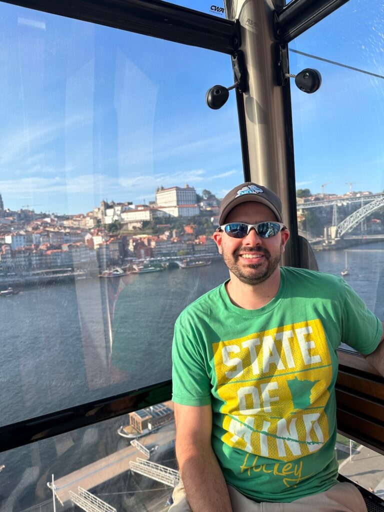 Riding Teleférico de Gaia overlooking the Duoro River in Porto, Portugal