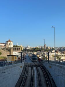 Train over Dom Luis bridge in Porto